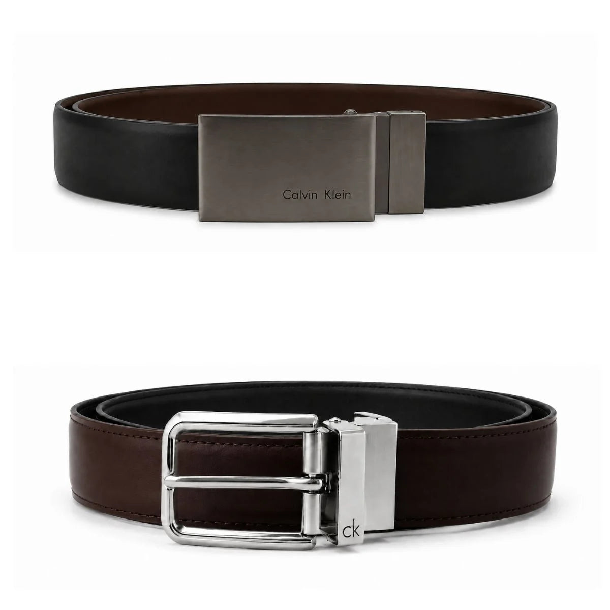Calvin Klein 2 Buckles Double Face Leather Belt Men - BLKBRN - Black-Brown / 110 CM