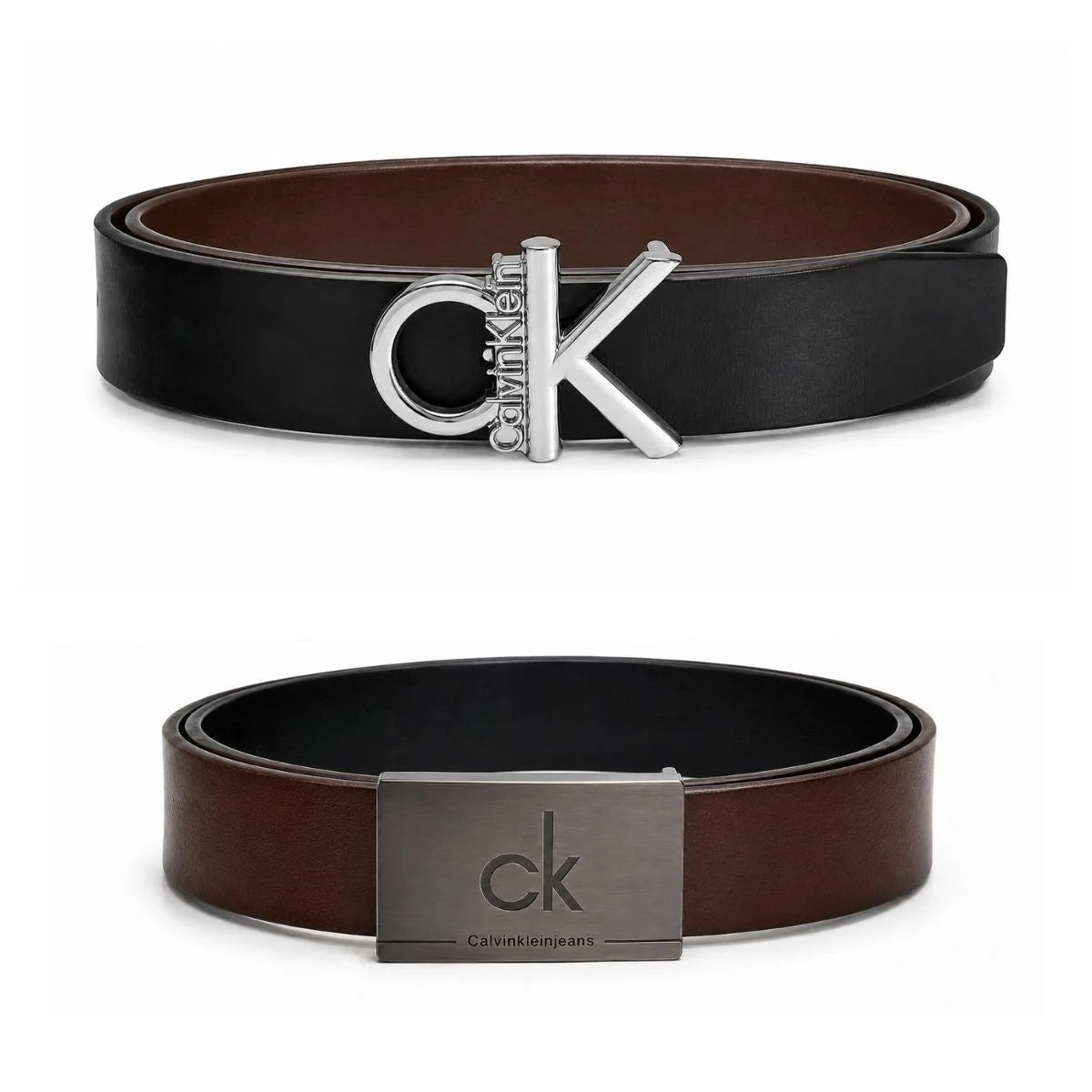 Calvin Klein 2 Buckles Double Face Leather Belt Men - BLKBRN - Black- Brown / 110 CM