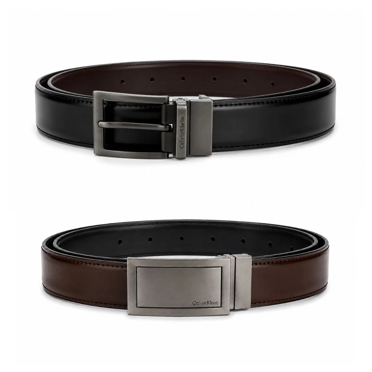 Calvin Klein 2 Buckles Double Face Leather Belt Men - BLKBRN - Black-Brown / 115 CM