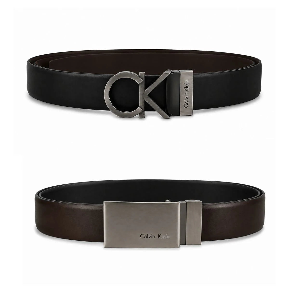 Calvin Klein 2 Buckles Double Face Leather Belt Men - BLKBRN - Black-Brown / 120 CM