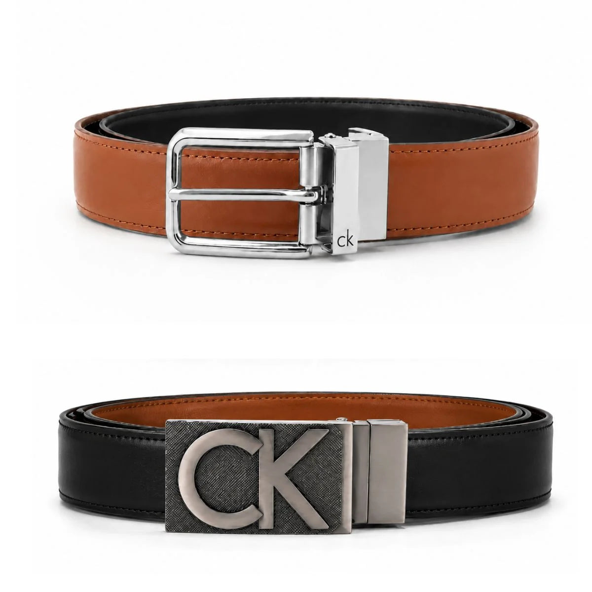 Calvin Klein 2 Buckles Double Face Leather Belt Men - BLKTAN