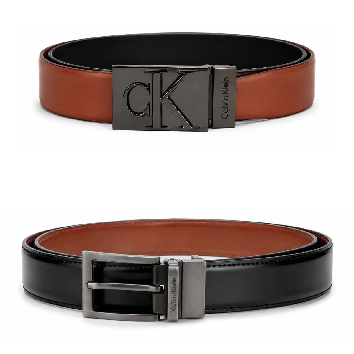Calvin Klein 2 Buckles Double Face Leather Belt Men - BLKTAN