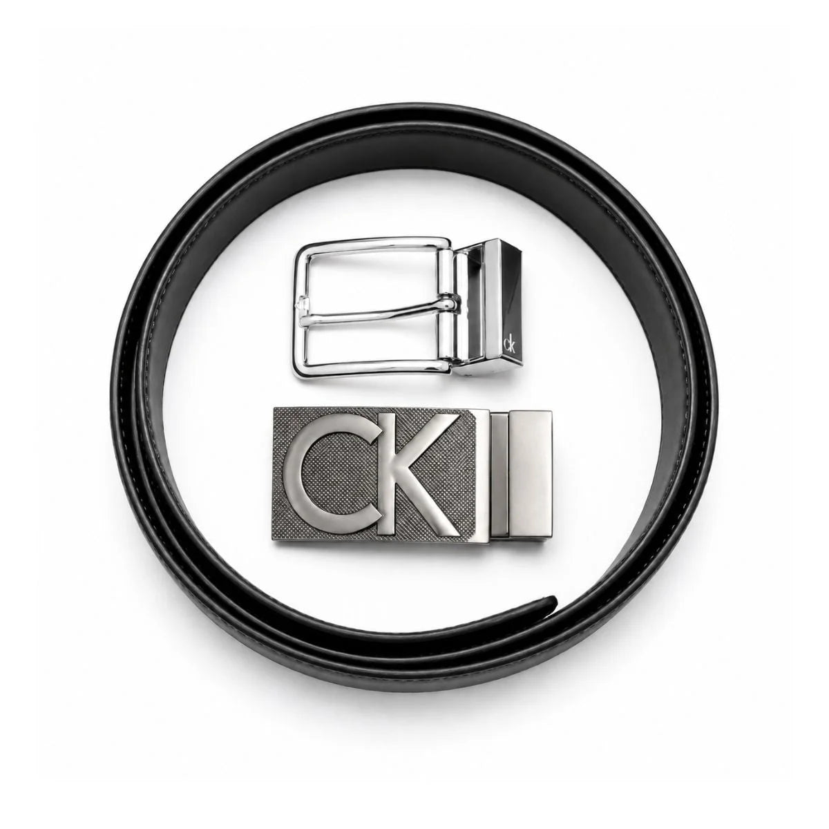 Calvin Klein 2 Buckles Double Face Leather Belt Men - BLKTAN