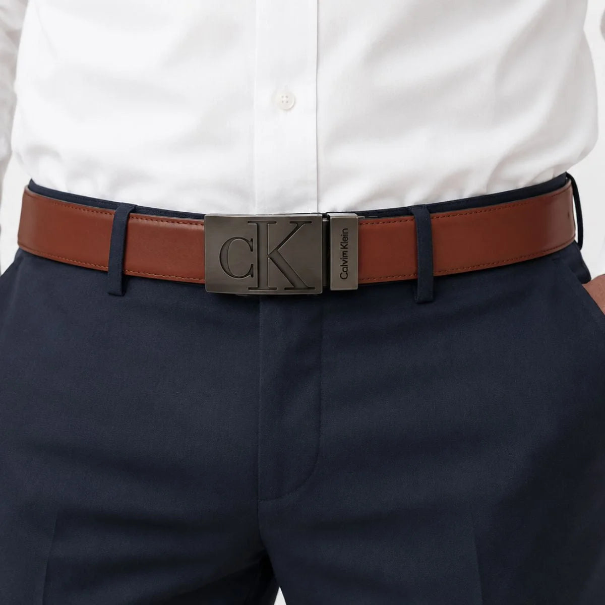 Calvin Klein 2 Buckles Double Face Leather Belt Men - BLKTAN
