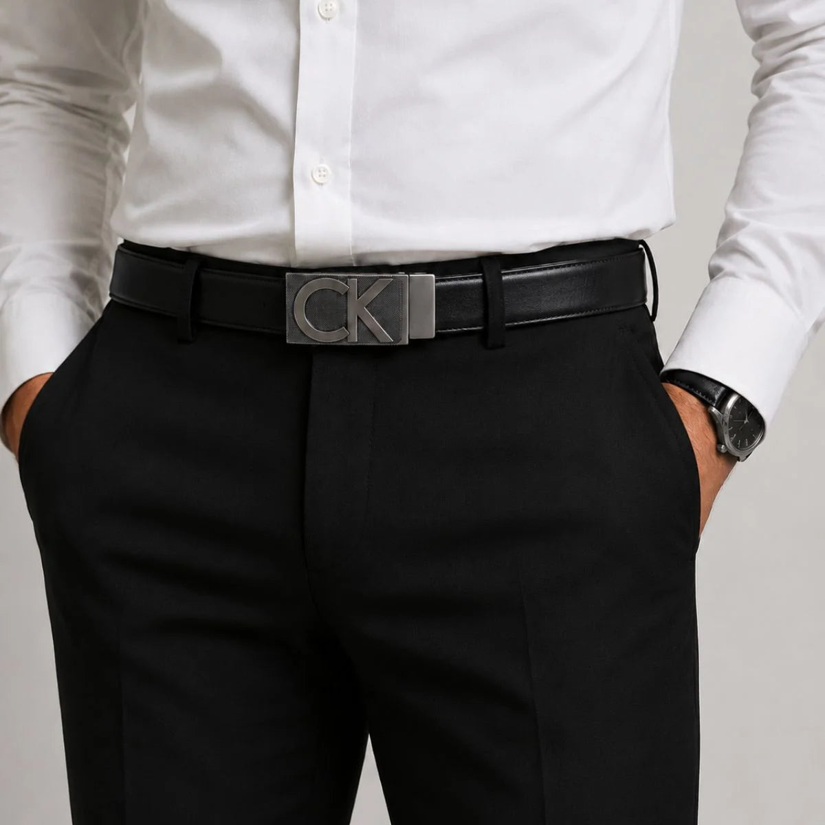Calvin Klein 2 Buckles Double Face Leather Belt Men - BLKTAN