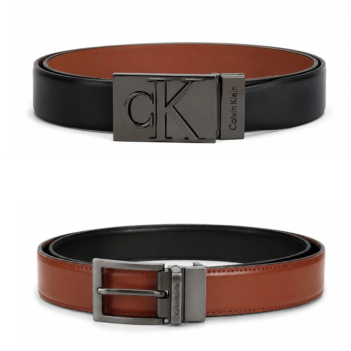 Calvin Klein 2 Buckles Double Face Leather Belt Men - BLKTAN - Black-Tan / 110 CM
