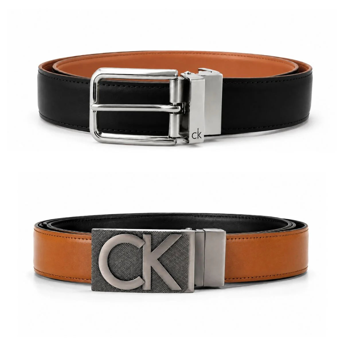 Calvin Klein 2 Buckles Double Face Leather Belt Men - BLKTAN - Black-Tan / 110 CM