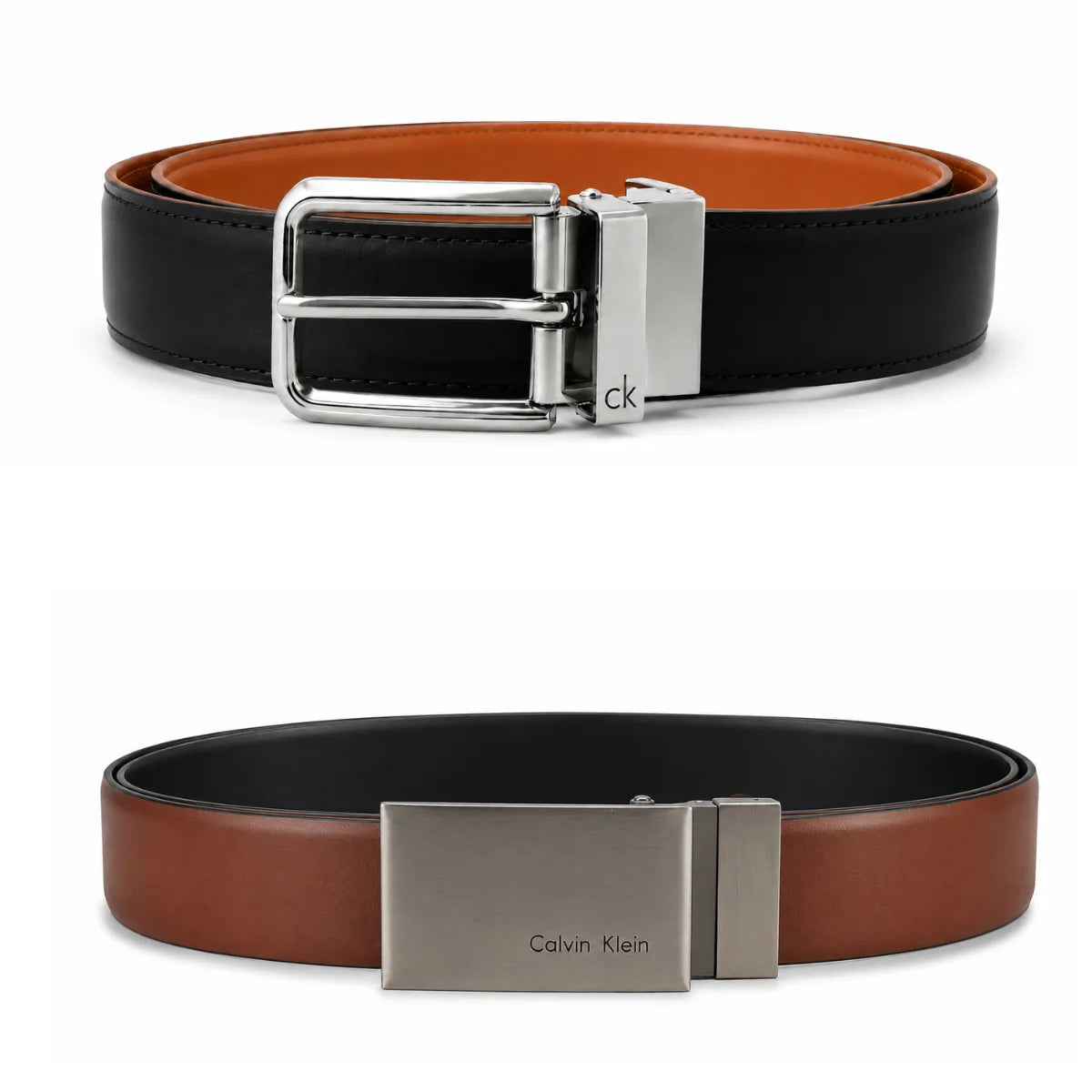 Calvin Klein 2 Buckles Double Face Leather Belt Men - BLKTAN - Black-Tan / 120 CM