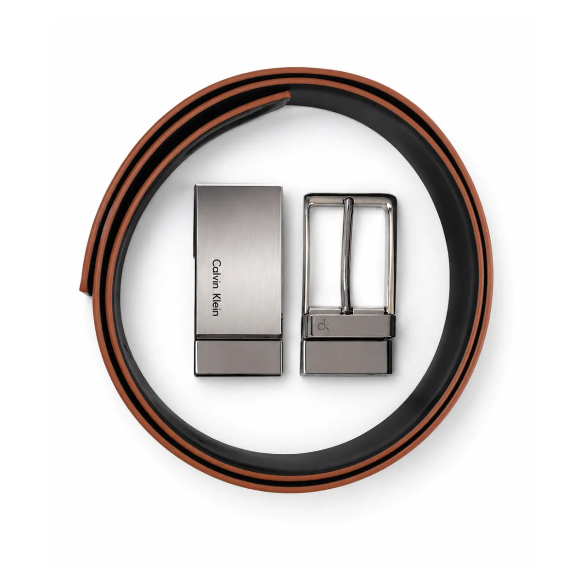 Calvin Klein 2 Buckles Double Face Leather Belt Men - BLKTAN - Black-Tan / 120 CM