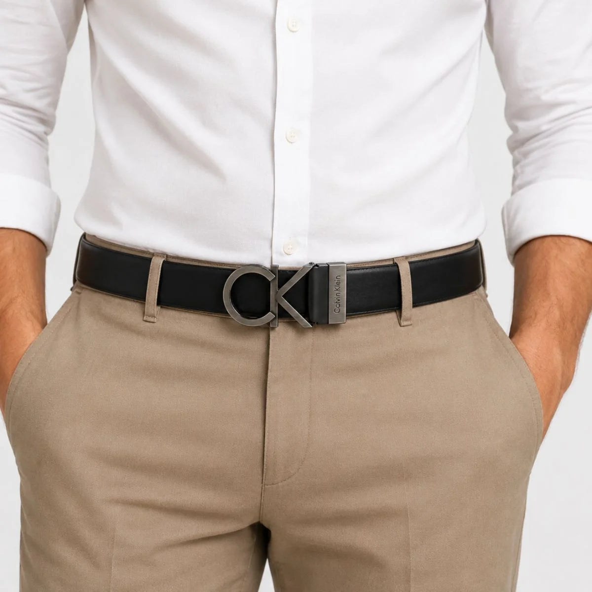 Calvin Klein 2 Buckles Double Face Leather Belt Men - BLKTAN - Black-Tan / 125 CM