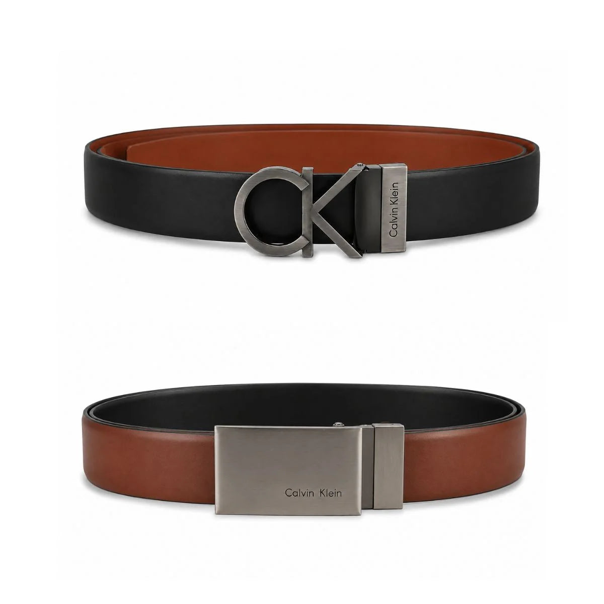 Calvin Klein 2 Buckles Double Face Leather Belt Men - BLKTAN - Black-Tan / 125 CM