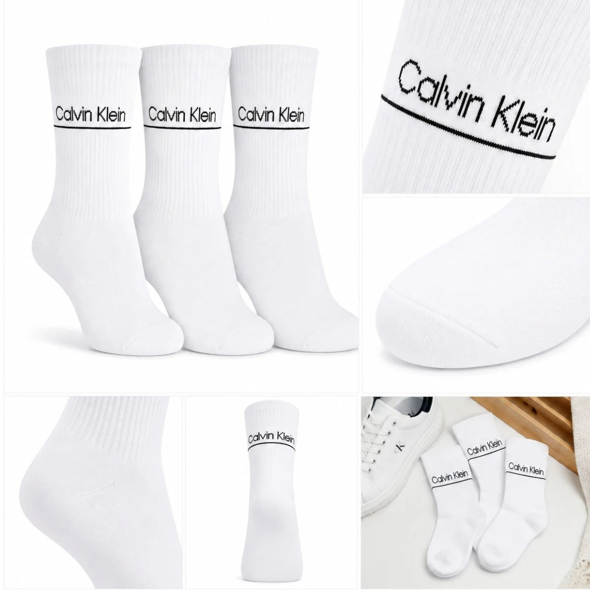 Calvin Klein 3-Pack Soft Cotton Stretch Crew Socks C222 - WHT - White / 3 Pairs