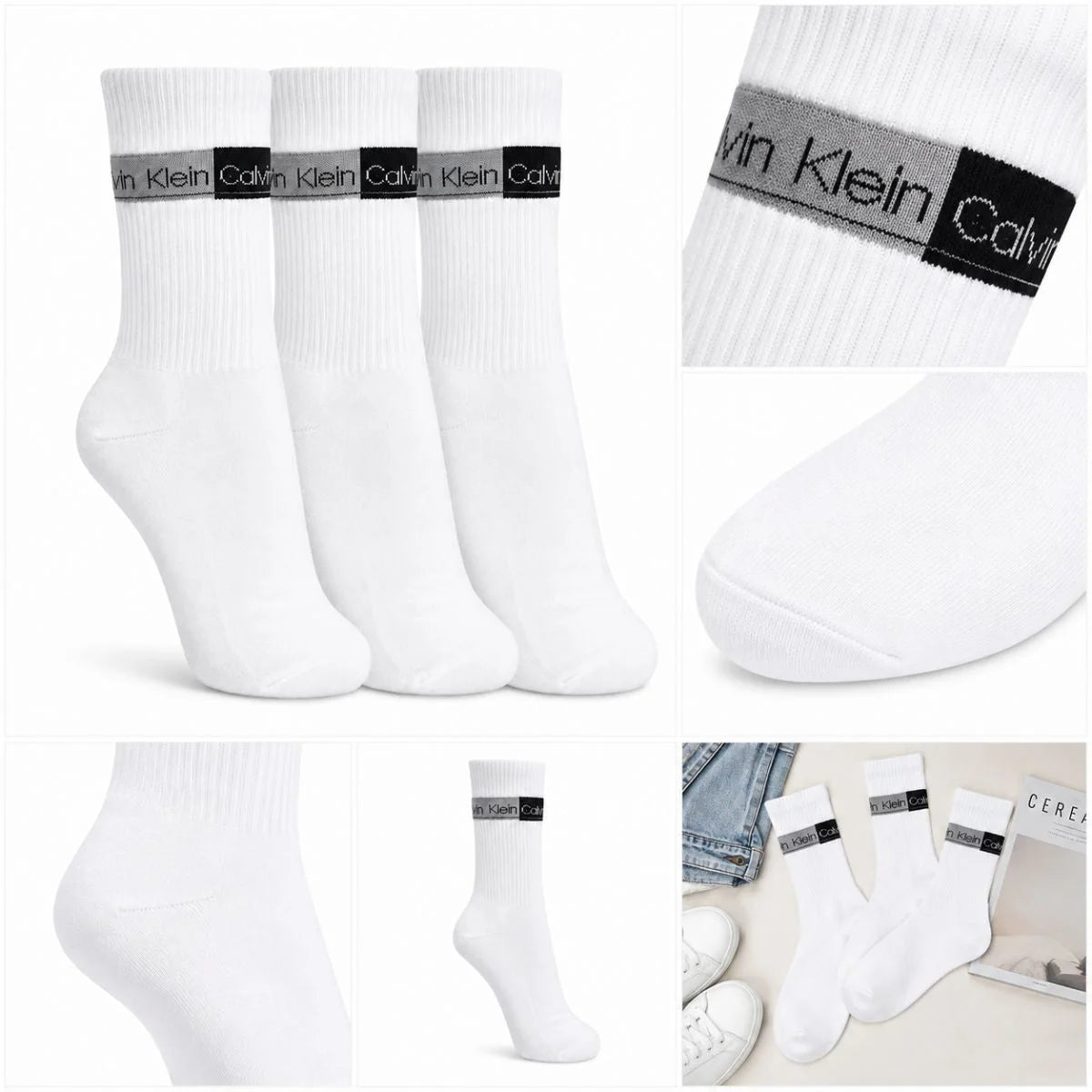 Calvin Klein 3-Pack Soft Cotton Stretch Crew Socks C224 - WHT - White / 3 Pairs