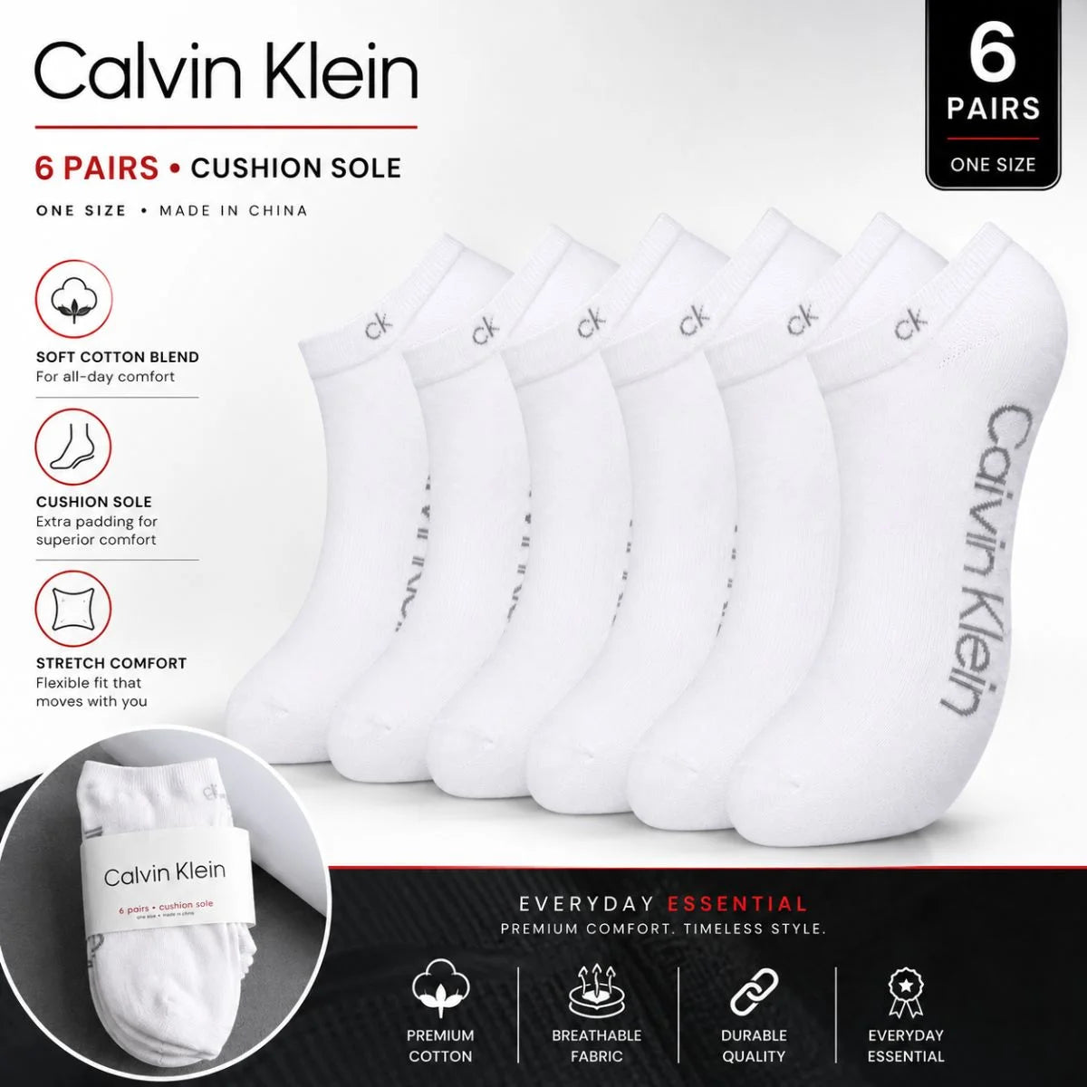 Calvin Klein Logo 6-Pack Low Cut Socks Code C201 - WHT - White / 6 Pairs