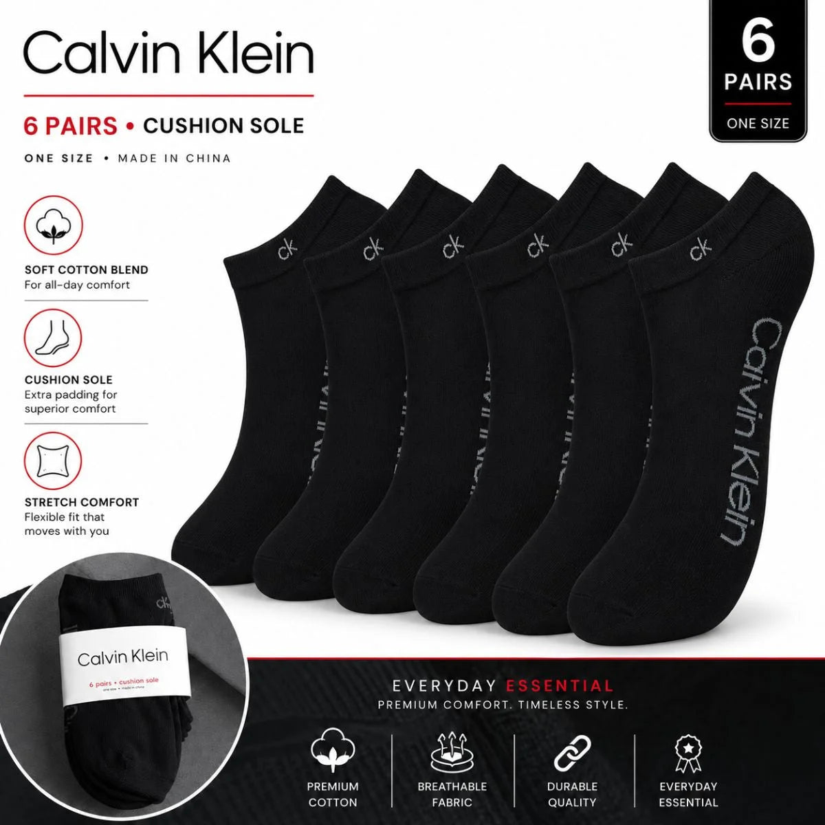 Calvin Klein Logo 6-Pack Low Cut Socks Code C202 - BLK - Black / 6 Pairs