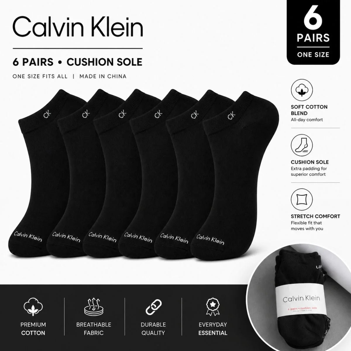 Calvin Klein Logo 6-Pack Low Cut Socks Code C203 - BLK - Black / 6 Pairs