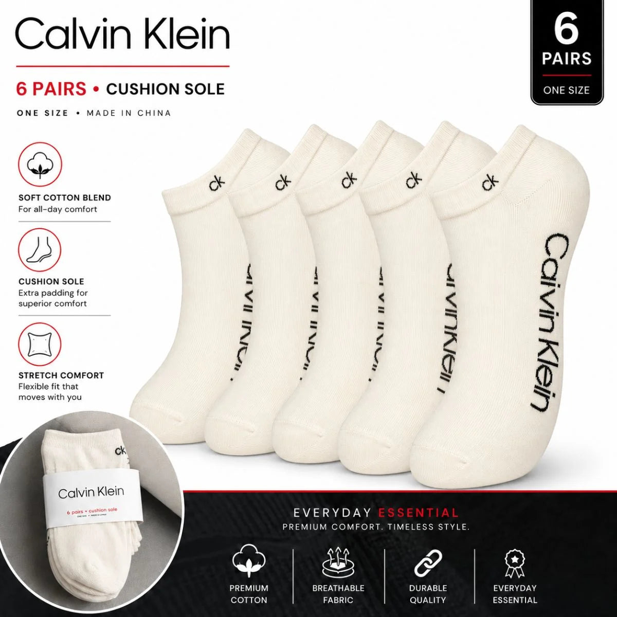 Calvin Klein Logo 6-Pack Low Cut Socks Code C203 - OFFWHT - Off-White / 6 Pairs
