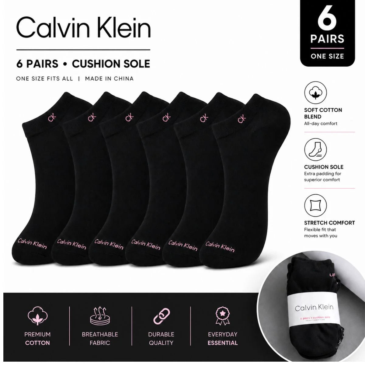 Calvin Klein Logo 6-Pack Low Cut Socks Code C204 - BLK - Black / 6 Pairs