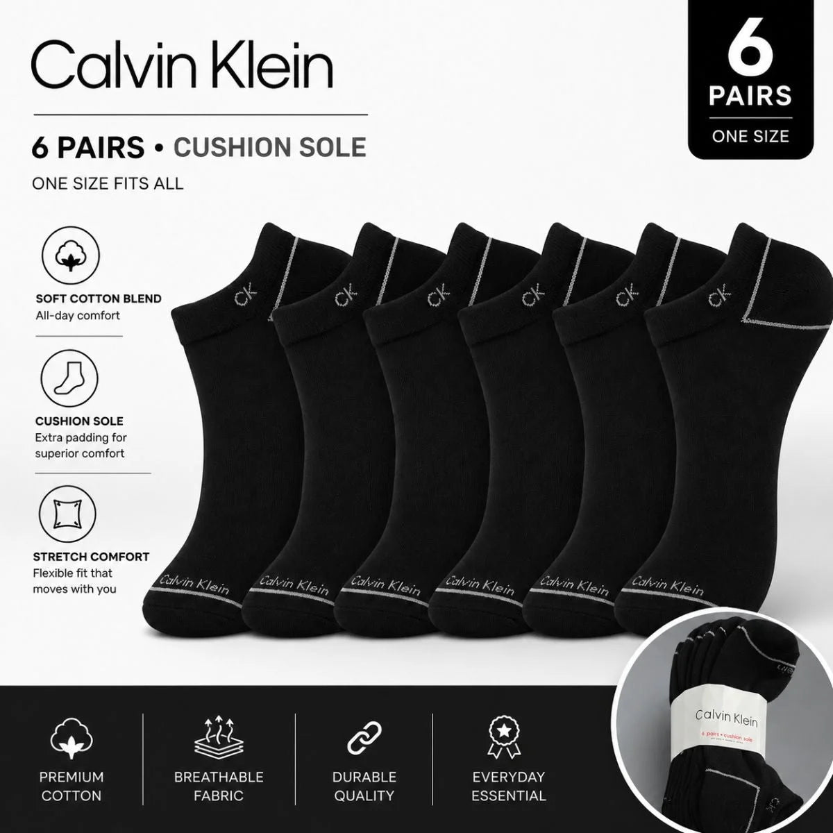 Calvin Klein Logo 6-Pack Low Cut Socks Code C205 - BLK