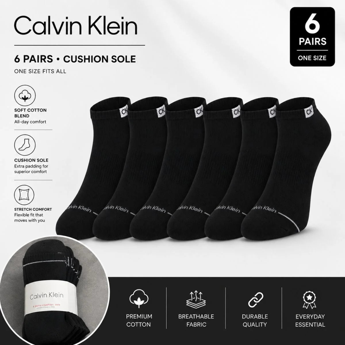 Calvin Klein Logo 6-Pack Low Cut Socks Code C205 - BLK