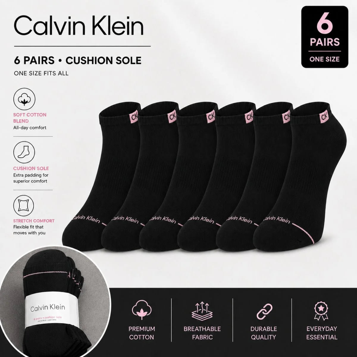 Calvin Klein Logo 6-Pack Low Cut Socks Code C206 - BLK - Black / 6 Pairs