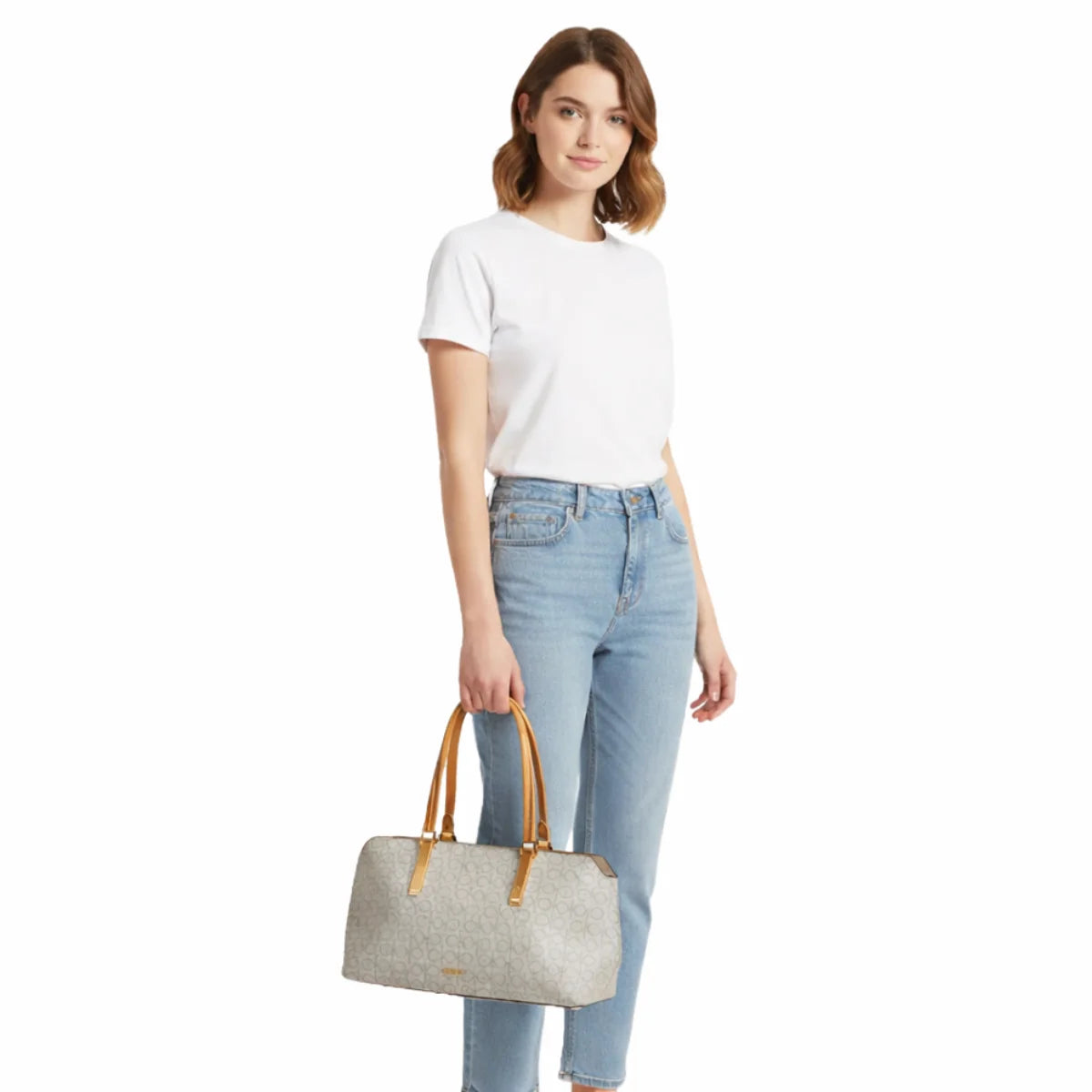 Calvin Klein Lori Top Zip Tote Handbag Women - CRMTAN - Cream-Tan