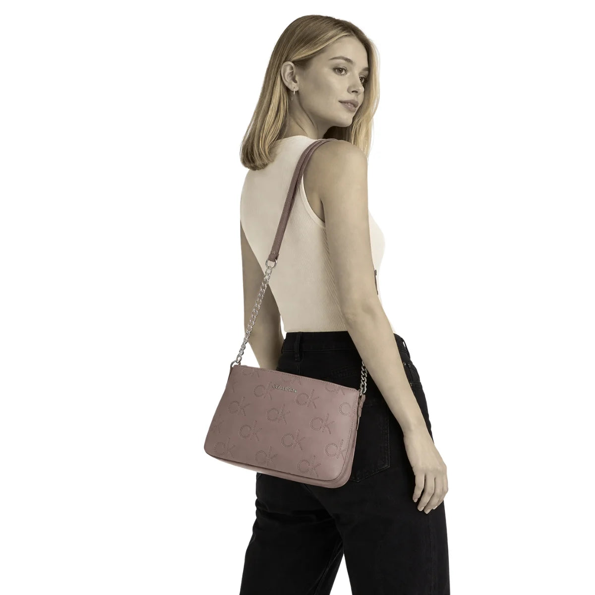 Calvin Klein Metallic Chain Accent Sling Bag Crossbody Women - DRKBEG - Dark-Beige