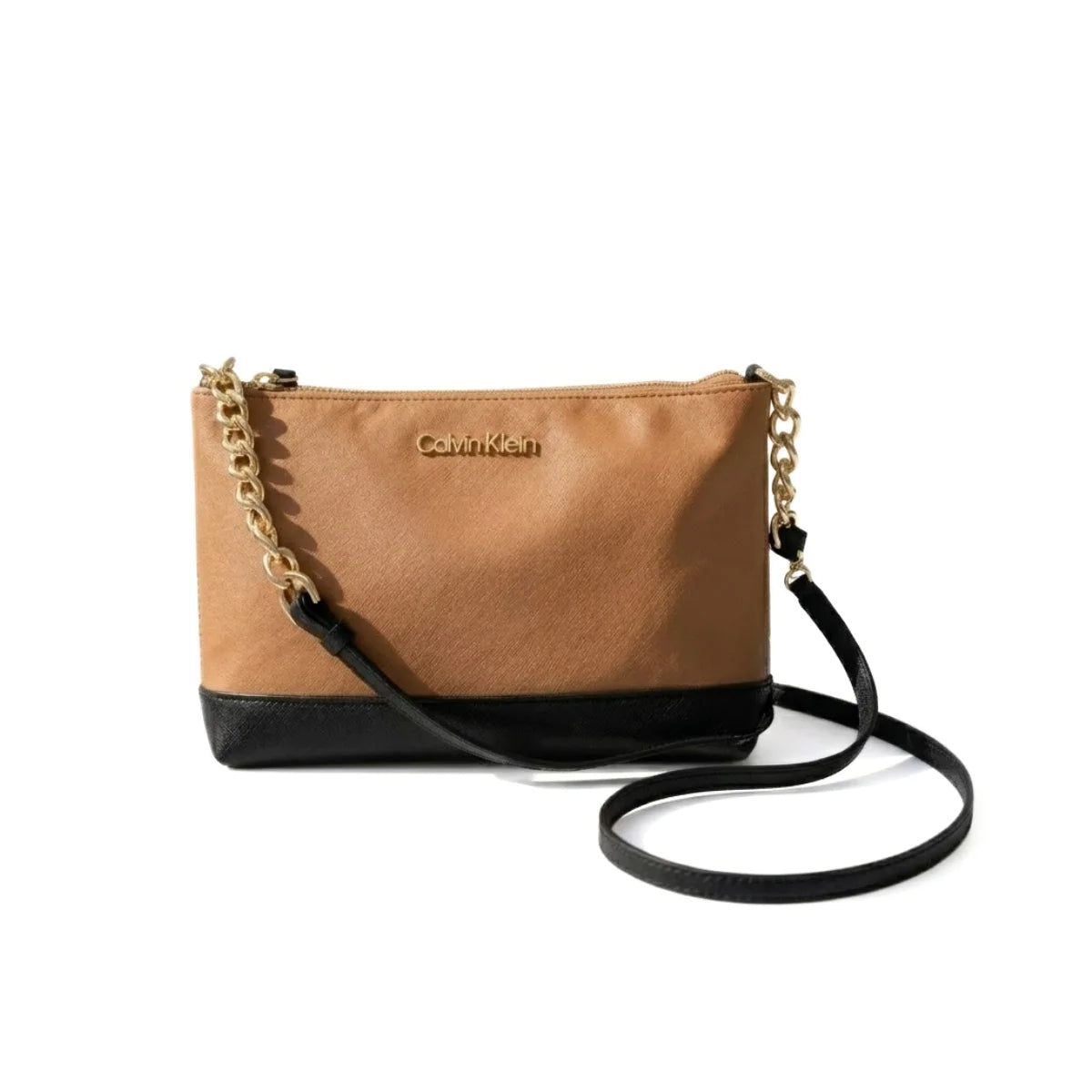 Calvin Klein Metallic Chain Accent Sling Bag Crossbody Women - TANBLK - Tan-Black