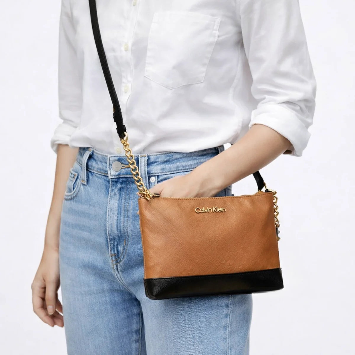 Calvin Klein Metallic Chain Accent Sling Bag Crossbody Women - TANBLK - Tan-Black