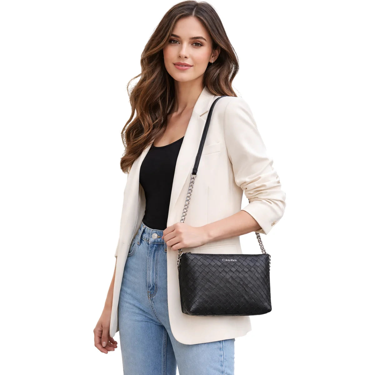 Calvin Klein Metallic Chain2 Accent Sling Bag Crossbody Women - BLK - Black