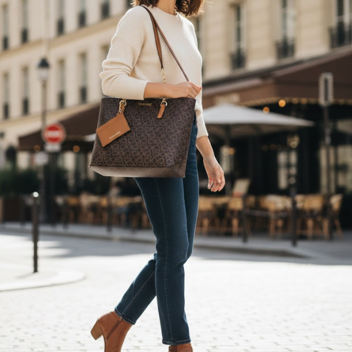 Calvin Klein Monogram Print Tote Bag Shoulder Bag Women - BRN - Brown