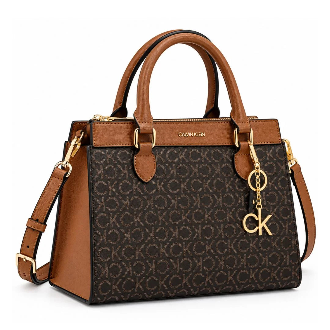 Calvin Klein Monogram Satchel Handbag Bag Women - OBRN - Open brown