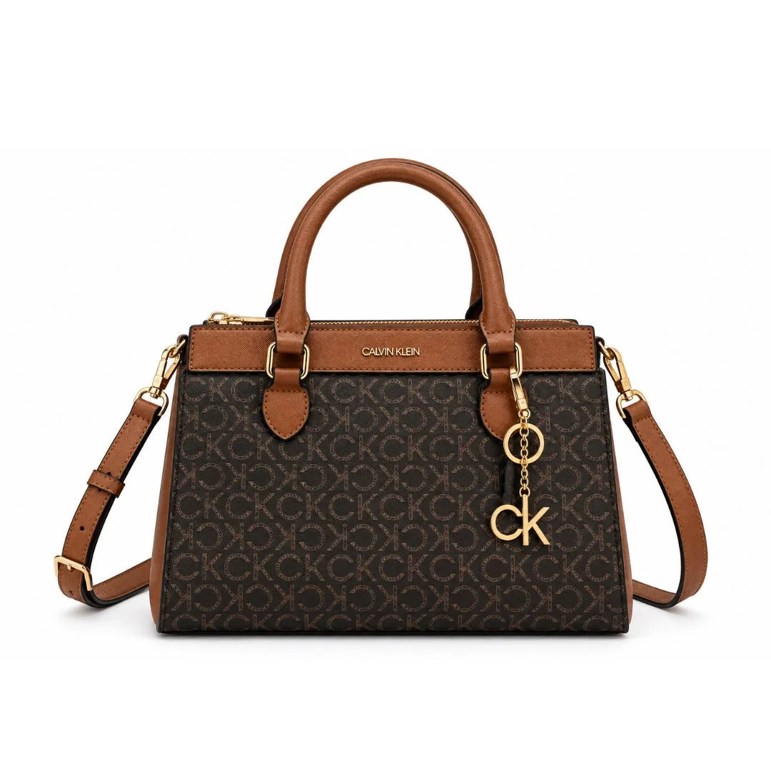 Calvin Klein Monogram Satchel Handbag Bag Women - OBRN - Open brown