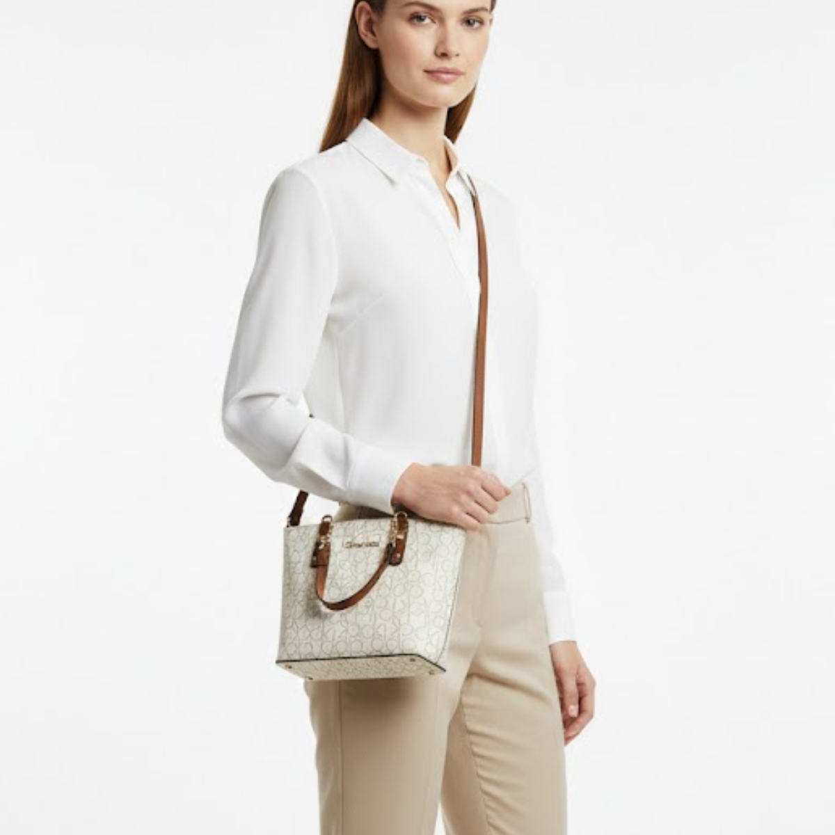 Calvin Klein Monogram Tote Bag Small Handbag Women - BEGBRN - Beige-Brown