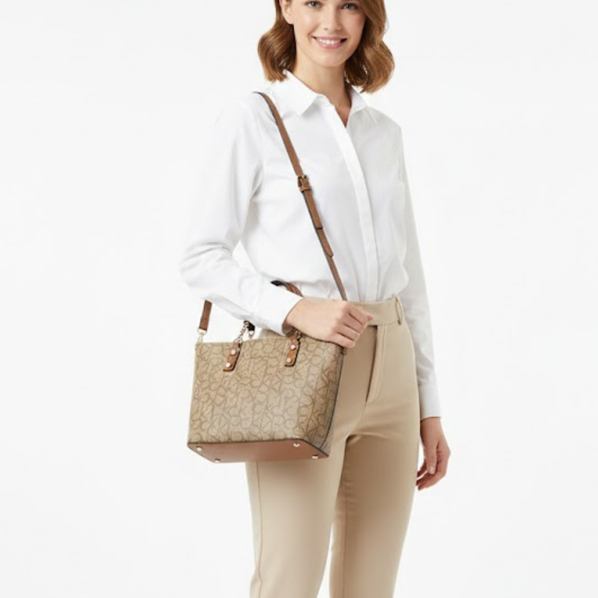 Calvin Klein Monogram Tote Bag Small Handbag Women - BEGBRN - Beige-Brown