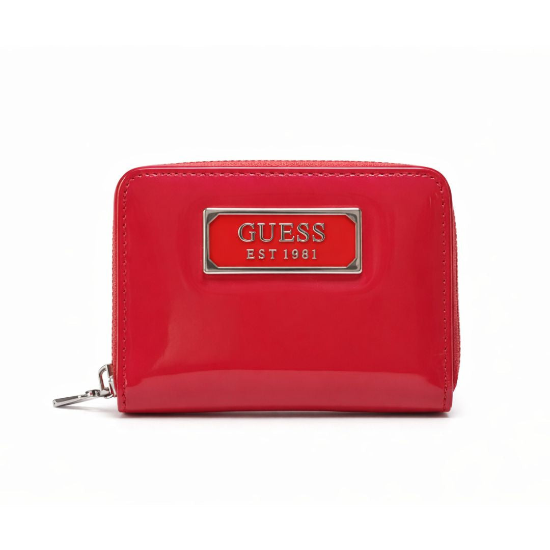 Guess Abree Faux Patent Zip-Around Wallet - Red
