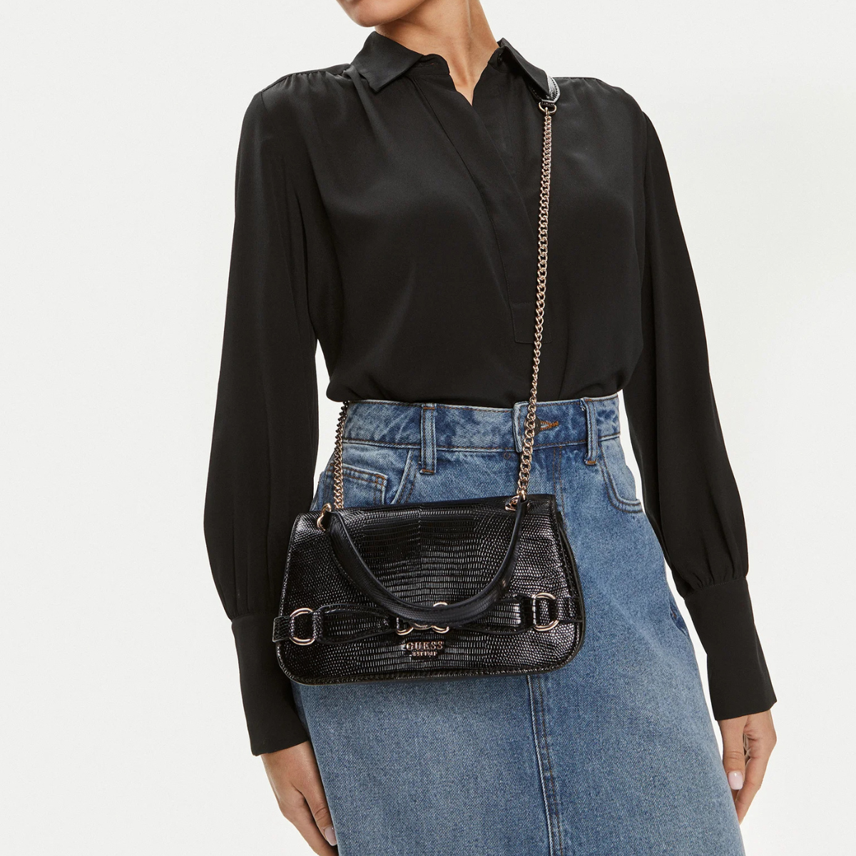 GUESS Arlena Logo Convertible Crossbody Flap Bag - BLKGLD - Black/Gold