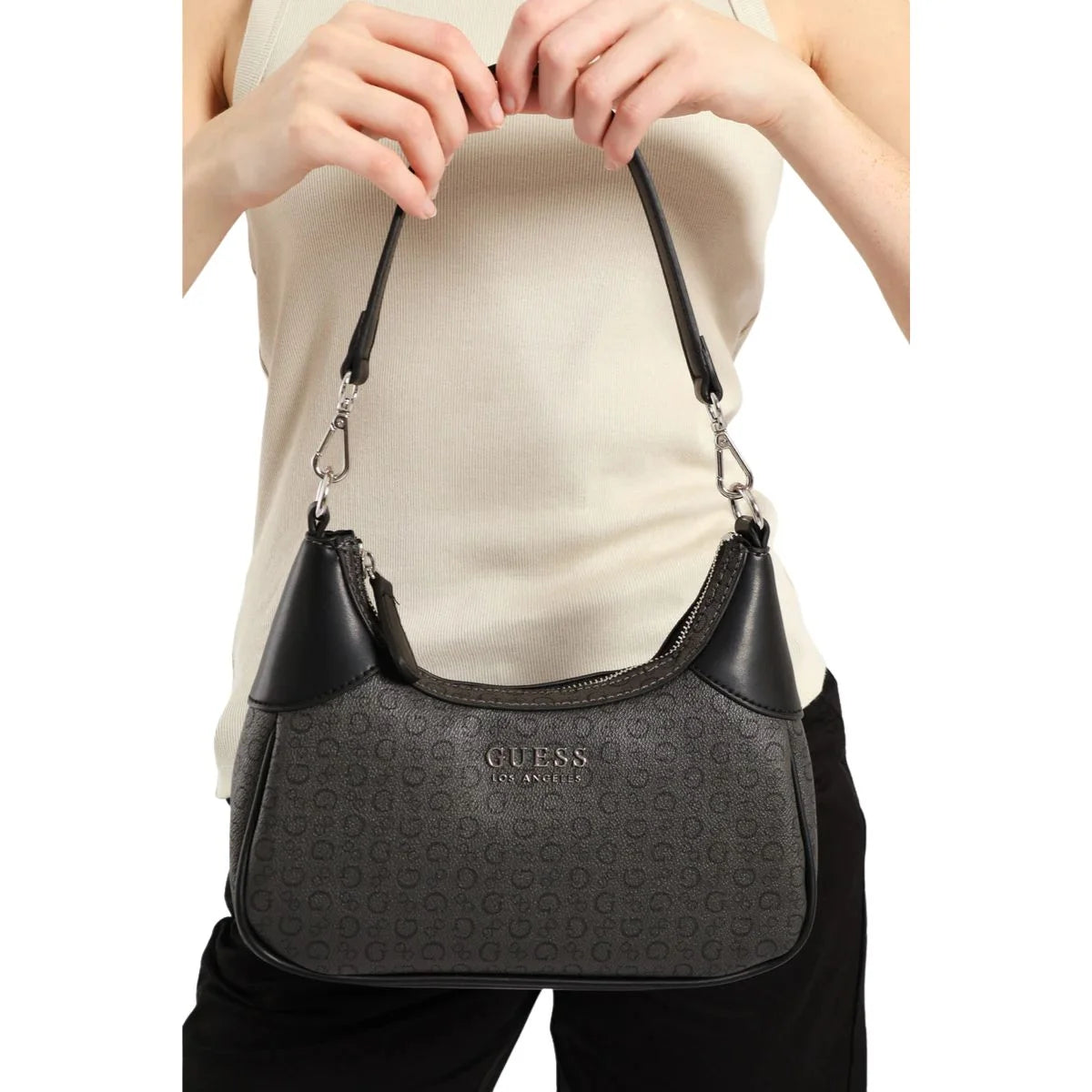 GUESS Berkton Monogram Print Shoulder Bag with Zip Closure - COL - Coal