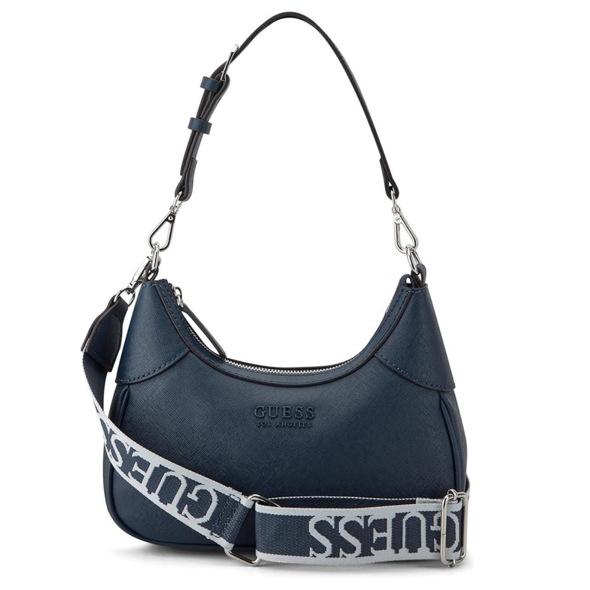GUESS Berkton Monogram Print Shoulder Bag with Zip Closure - NVY - Navy