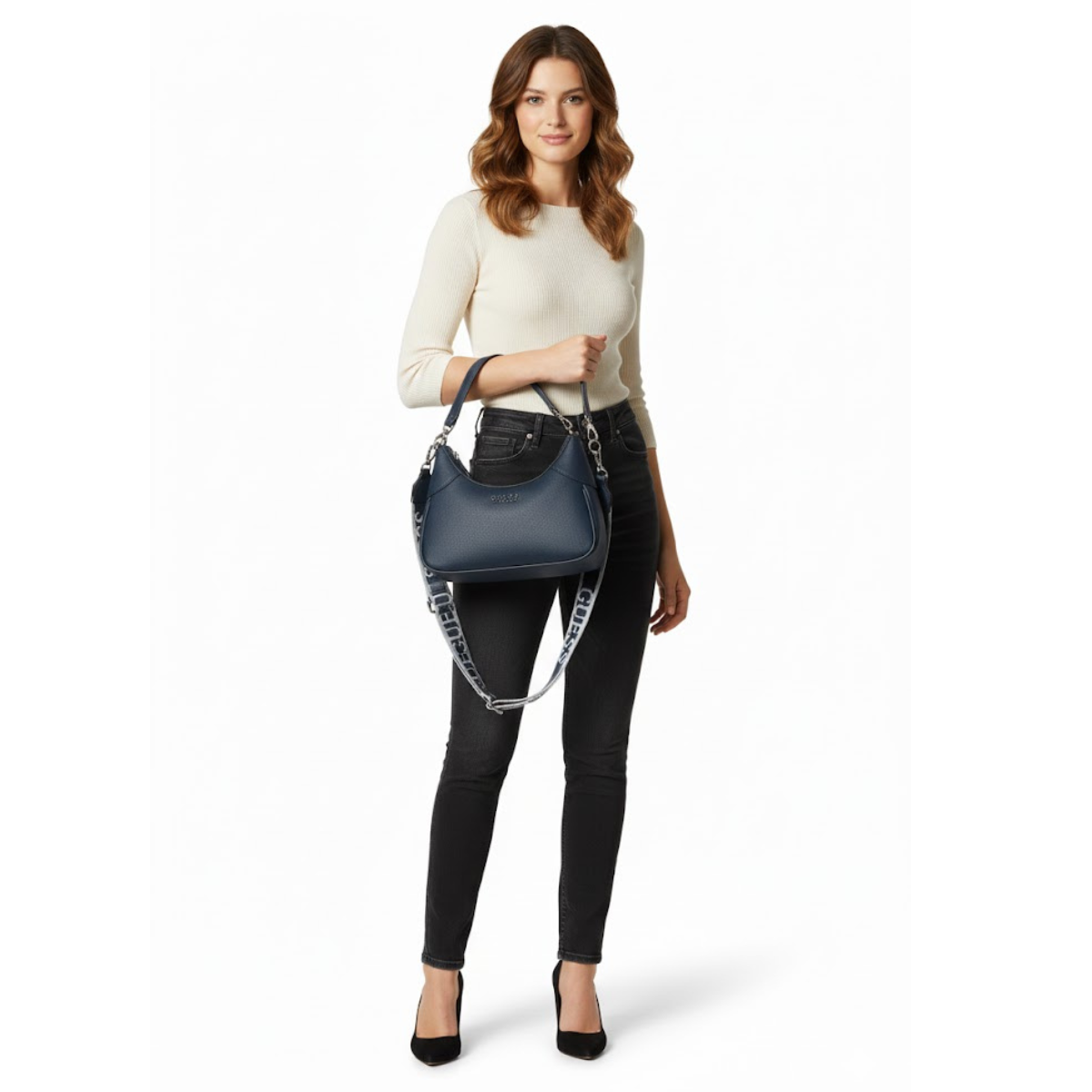 GUESS Berkton Monogram Print Shoulder Bag with Zip Closure - NVY - Navy