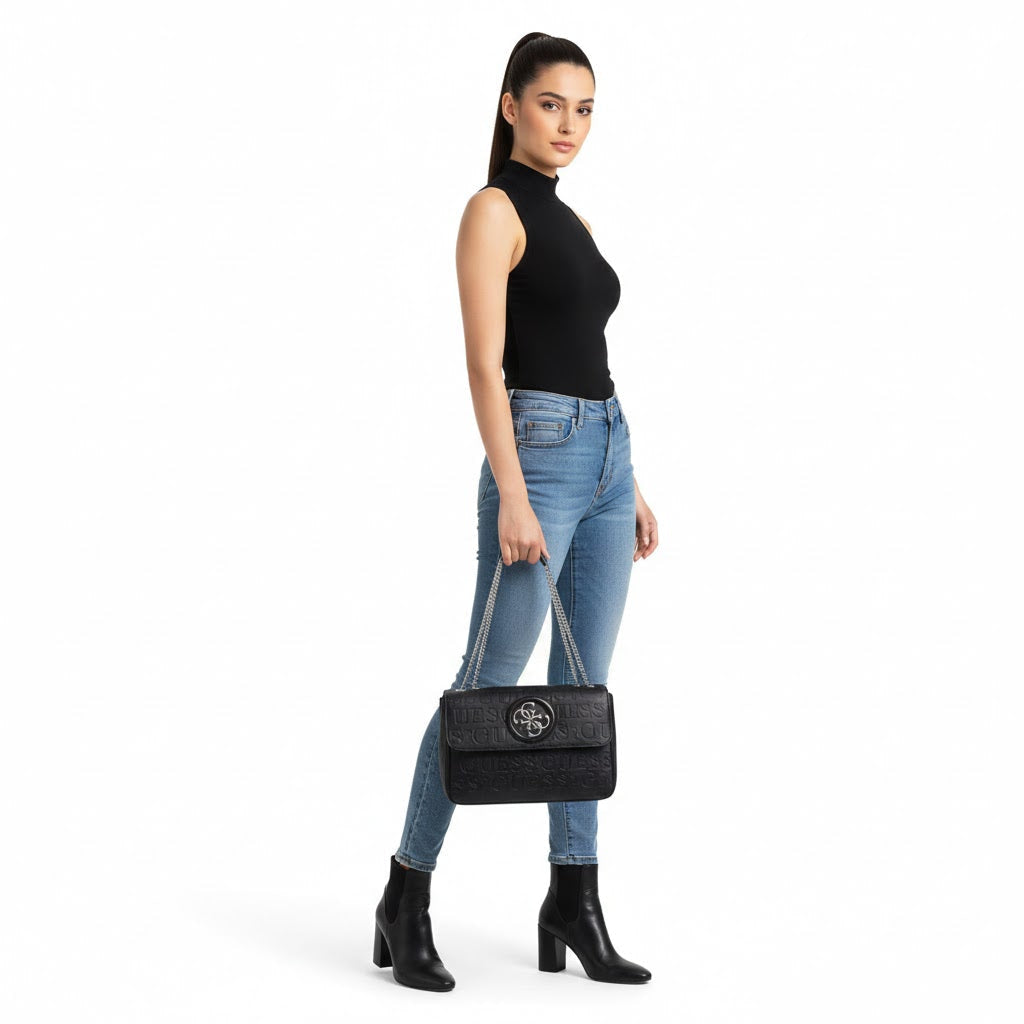 GUESS Embossed Monogram Shoulder Bag Women -BLK - Black