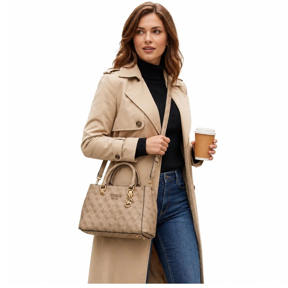 GUESS Evelune Girlfriend Satchel Bag (S) Women - BEG - Beige
