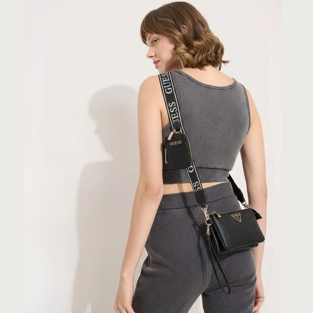 GUESS Latona Mini Tri Cprtmnt TZ Crossbody Bag - BLK - Black