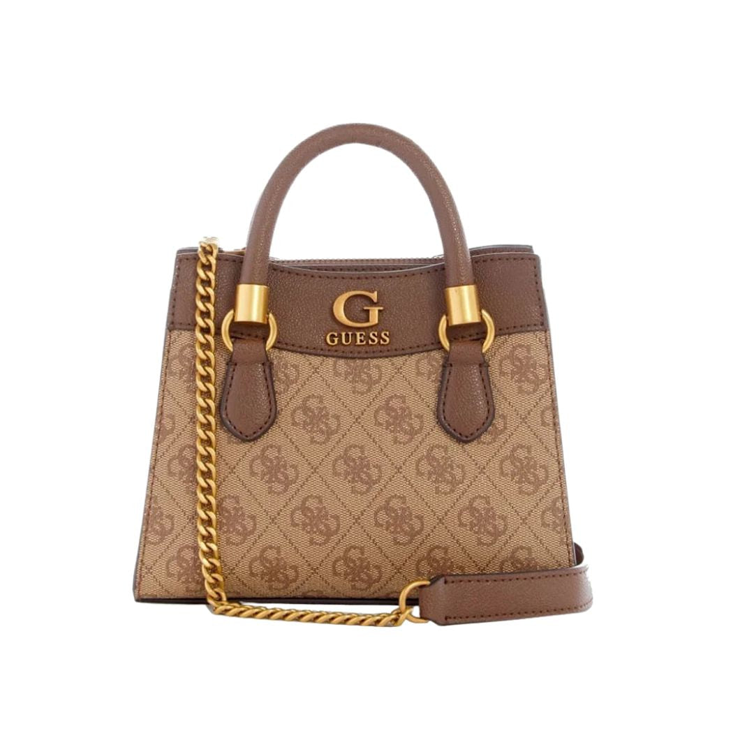 GUESS Nell Mini Monogram Satchel Bag BRN Brown
