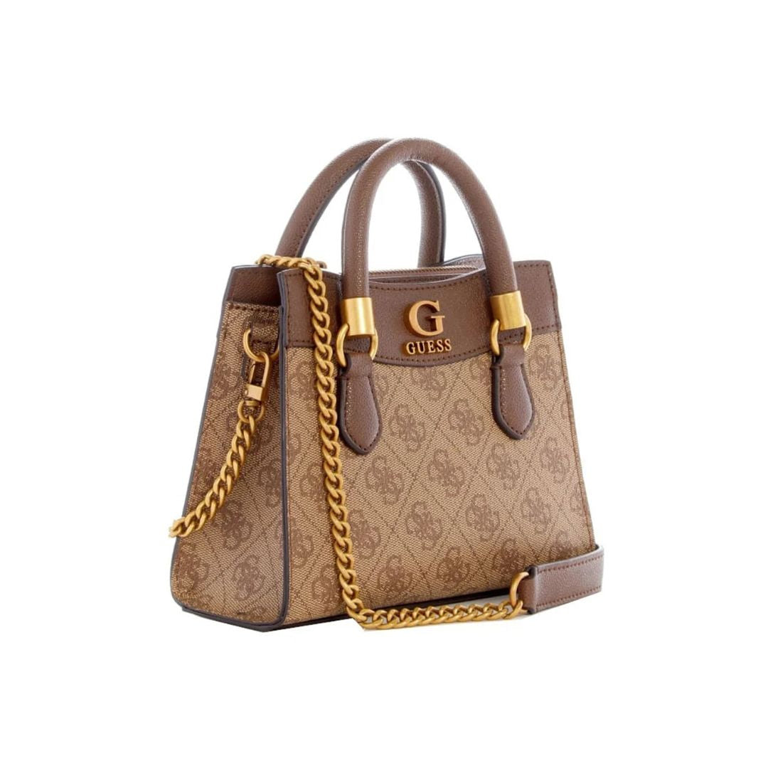 GUESS Nell Mini Monogram Satchel Bag BRN Brown