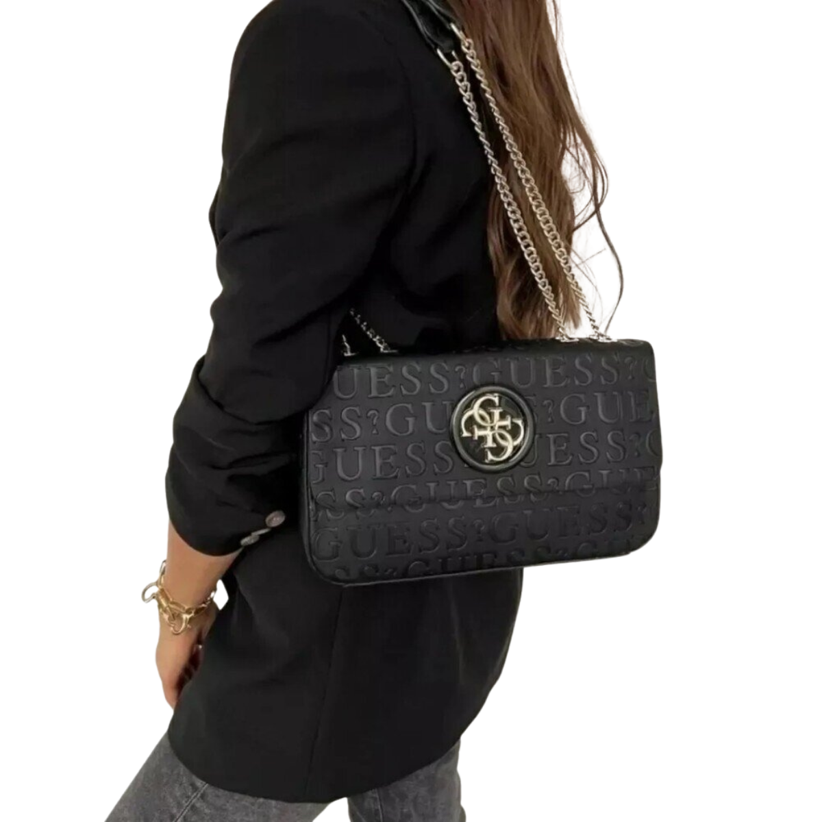 GUESS Women’s Embossed Monogram Shoulder Bag-BLK - Black