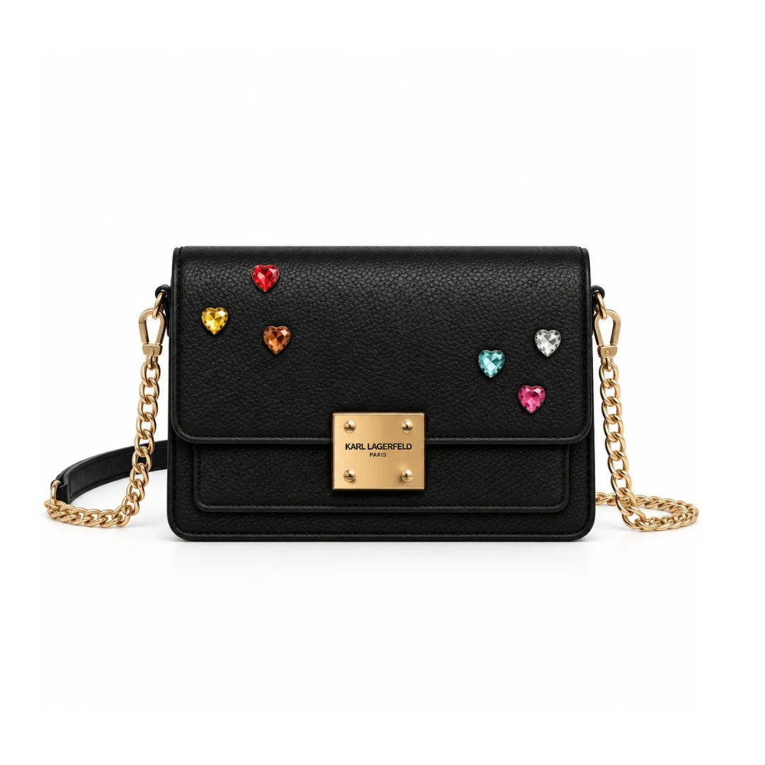 Karl Lagerfeld Paris Black Shoulder Bag Heart Gemstones Gold Chain for Women - Black