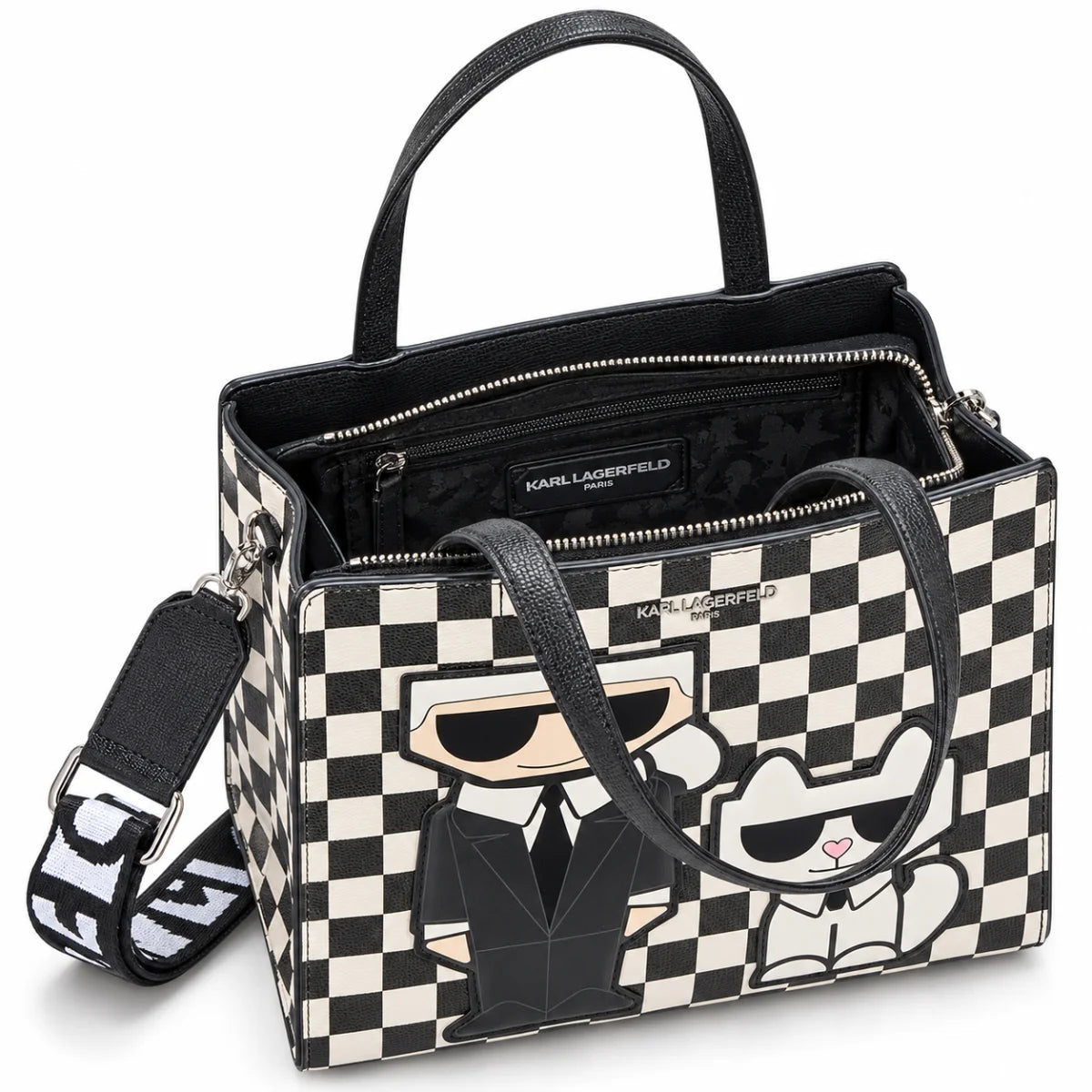 Karl Lagerfeld Paris Checkered Karl & Choupette Satchel Bag - WHTBLK - White-Black