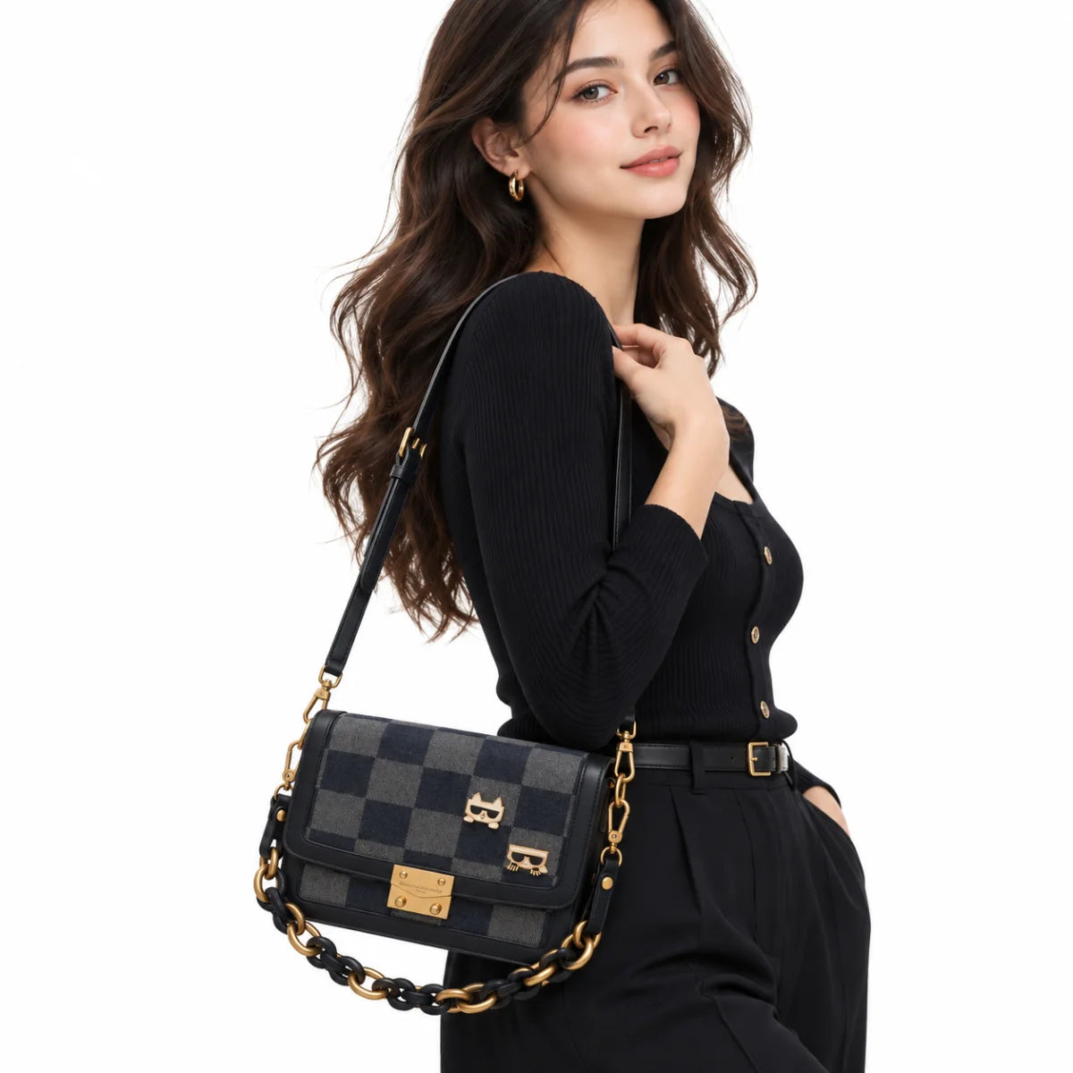 Karl Lagerfeld Paris Checkered Choupette Shoulder Bag - NVY - Navy