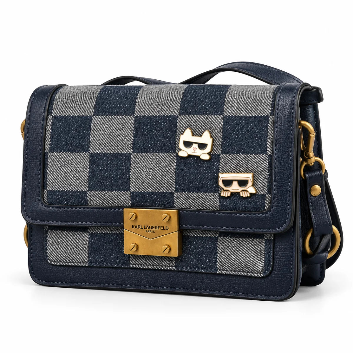 Karl Lagerfeld Paris Checkered Choupette Shoulder Bag - NVY - Navy
